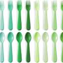 16 Pc Toddler Utensils Set - 8 Spoons 8 Forks for Kids, BPA Free Dishwasher Safe Reusable Plastic Silverware, Bright Colors Cutlery Set Children Flatware (GREEN)