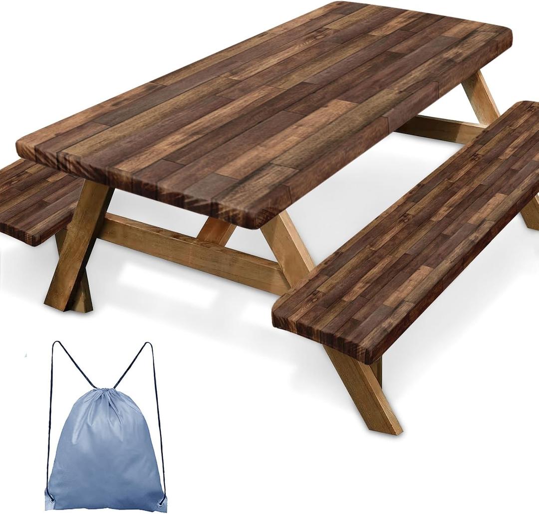 Picnic Table Cover with Bench Covers Elastic Edges, Brown Wood Fitted Table Cover, Outdoor Patio Camping Essentials 60 Inch 3PCS, Waterproof Camping Fitted Tablecloth with Drawstring Bag