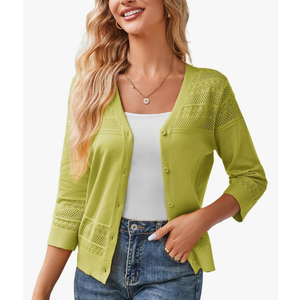 Women's 2024 Cropped Cardigan 3/4 Sleeve Lightweight Crochet Shrug Hollowed-Out Knit Sweater Tops Size XL