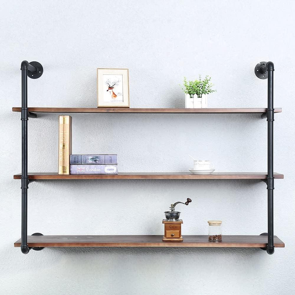 Industrial Pipe Shelves With Wood Planks,Rustic Pipe Shelving Wall Shelf, 48in, 3-layer