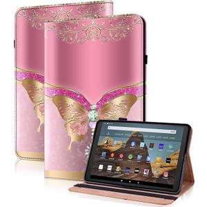 for Kindle Fire HD 10 Case 9th/7th/5th Generation 10.1 Inch (2019/2017/2015), PU Leather Wallet Cover with Pen Holder, Elastic Band & Card Slots for Kindle Fire HD 10 Case - Pink Butterfly