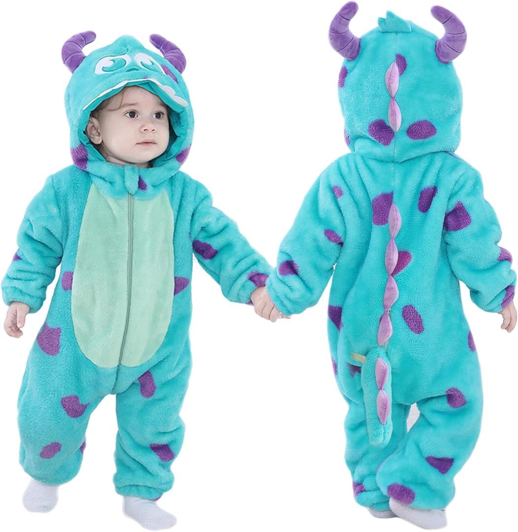 Unisex Baby Flannel Romper Animal Onesie Costume Hooded Cartoon Outfit (80(5-11M), Horns)
