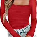PINKMSTYLE Womens Square Neck Mesh Long Sleeve Bodysuit Shapewear Corset Tops Sexy Concert Outfits Party Shirts (Medium, Red)