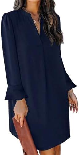 QACOHU Fall Dresses for Women 2026 Casual V Neck Long Sleeves Flowy Mini Tunic Dress, M