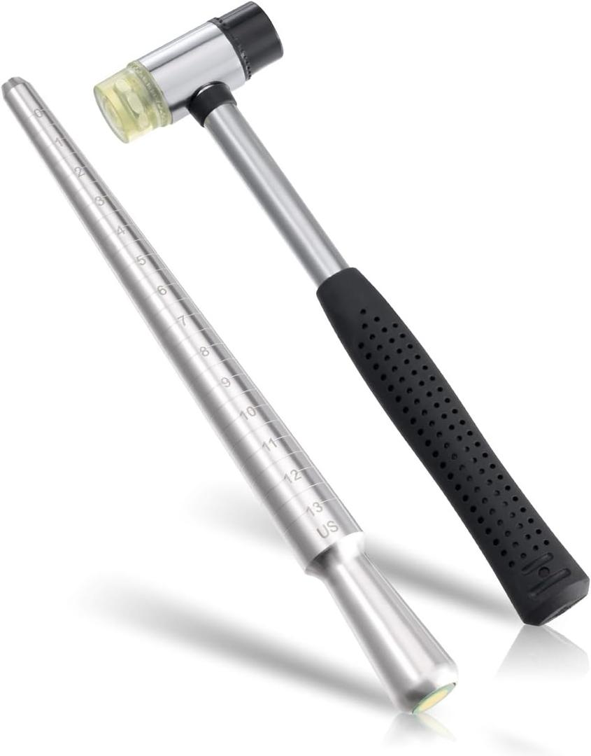 Meowoo Ring Sizer, Can be Hammered Solid Ring Mandrel and Jewelry Rubber Mallet, Ntegrated Conical Solid Ring Mandrel Sizer Tools for Ring Repair and Measurement, Jewelry Sizing Measuring