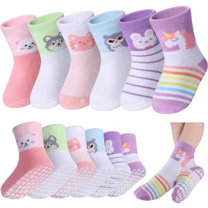 LANLEO Baby Non Slip Socks with Grippers Toddler Girls Boys Kids Grip Cotton Socks 6 Months-5 Year Old (1-3T, 6 Pairs Animal)