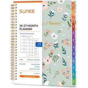 SUNEE 20262027 Monthly Planner  Large 7" x 10" Organizer with Tabs, Note Pages, 100 GSM Paper, 24-Month Calendar, Spiral Bound, Flexible Cover for Office, School, Women, Men, Green Wildflowers
