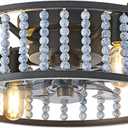 Ceiling Fan with Lights Remote Control, 4-Light Farmhouse Wood Beaded Chandelier, 6 Wind Speed Semi Flush Mount Ceiling Fan with Light for Bedroom Nursery Room Kitchen (Blue white bead with black frame)