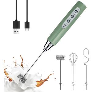 YUSWKO Granite Green Handheld Milk Frother Wand for Coffee, Rechargeable Electric Whisk with 3 Heads 3 Speeds Drink Mixer Coffee Frother For Latte, Cappuccino, Hot Chocolate, Egg