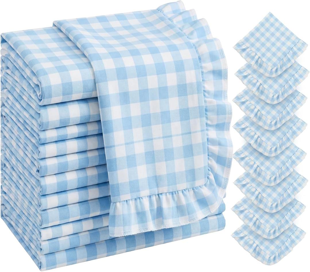 Frienda Blue 12 Pcs Plaid Gingham Ruffle Cloth Napkins, 15 x 15 in French Retro Cloth Dinner Napkins Soft Washable Absorbent for Summer Holiday Hotel Wedding Bridal Shower Party Decor (Plaid)
