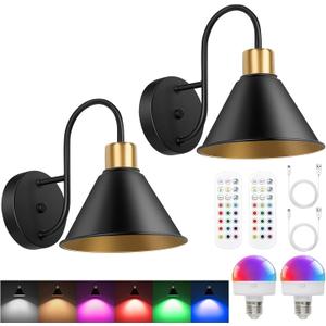 Frideko Rechargeable Battery Operated Wall Sconces Set of Two with Remote, RGB 15 Colors Dimmable Wireless Wall Light, Indoor Battery Powered Wall Lamp with Timer, Modern Wall Lighting for Living Room,  Black(Rechargeable)