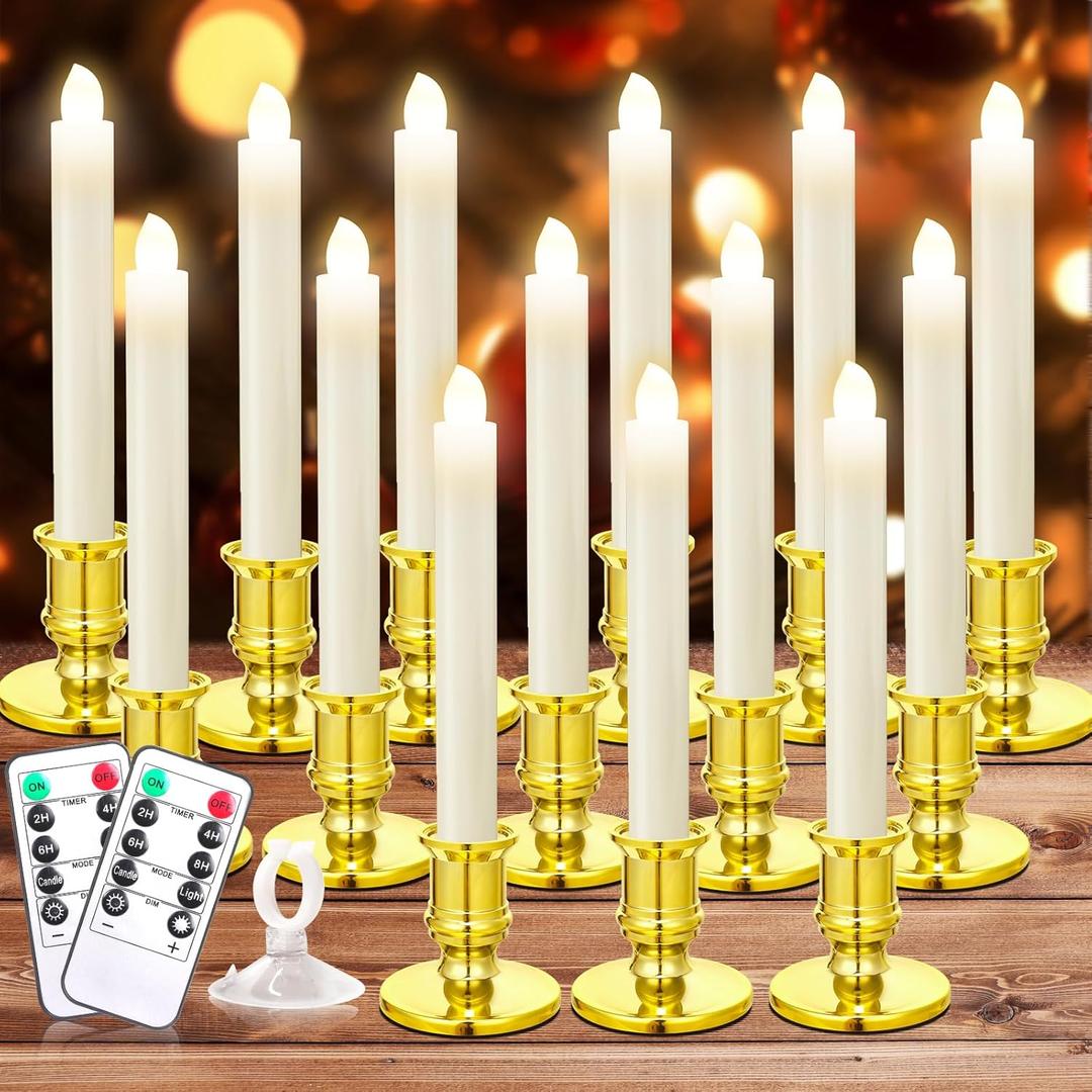 Verdenu 14 Pack Christmas Window Candles with Timer Remote, Battery Operated LED Candles with Holder/Suction Cups, Gold