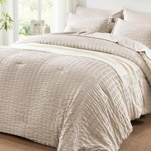 SunStyle Home King Comforter Set 7 Pieces, Beige Seersucker Bed in a Bag Lightweight Bedding Set, All Season Comforters with Flat Sheet, Fitted Sheet, Pillowcase and Pillow Sham