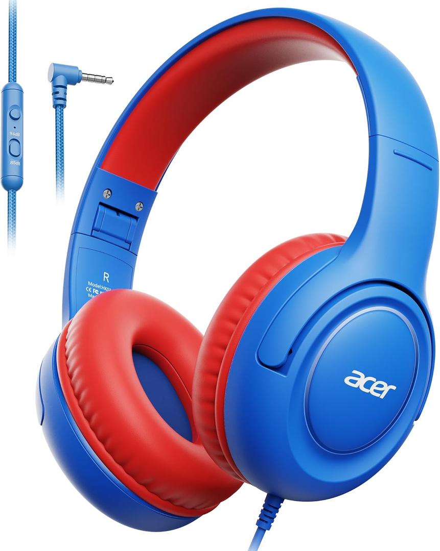acer Kids Headphones - Over-Ear 85/94dB Volume Limiter, 3.5mm Jack Foldable Stereo Sound Headset for Toddlers Girls Boys Travel Learning Entertainment Tablet Kindle iPad PC,Blue Red, HK03