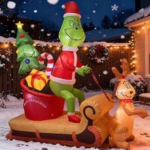 8FT Christmas Inflatable Outdoor Decorations Grinch Inflatable with Giant Gift Sack, LED Blow Up Christmas Yard Decor Outdoor Holiday Stealing Gifts Decoration for Lawn, Garden & Porch
