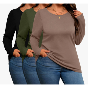 3 Pack Women's Plus Size Cotton Shirts, Scoop Neck Long Sleeve Casual Tops Form Fitting Knitted T-Shirts Blouses L