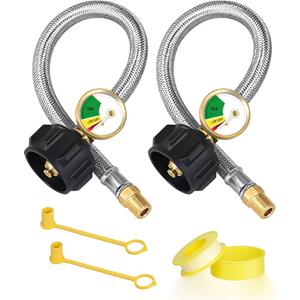15-Inch RV Propane Tank Hose with Gauge, Stainless Steel Camper Propane Hose for RV 2-Stage Regulator, 1/4 Male NPT & QCC 1 Fittings, 350PSI, 2 Pack