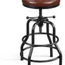 Yaheetech Industrial Bar Stool Vintage Counter Height Adjustable Metal Kitchen Stool with Round Faux Leather Seat 21.5-28 Inch Tall Brown, 1PC