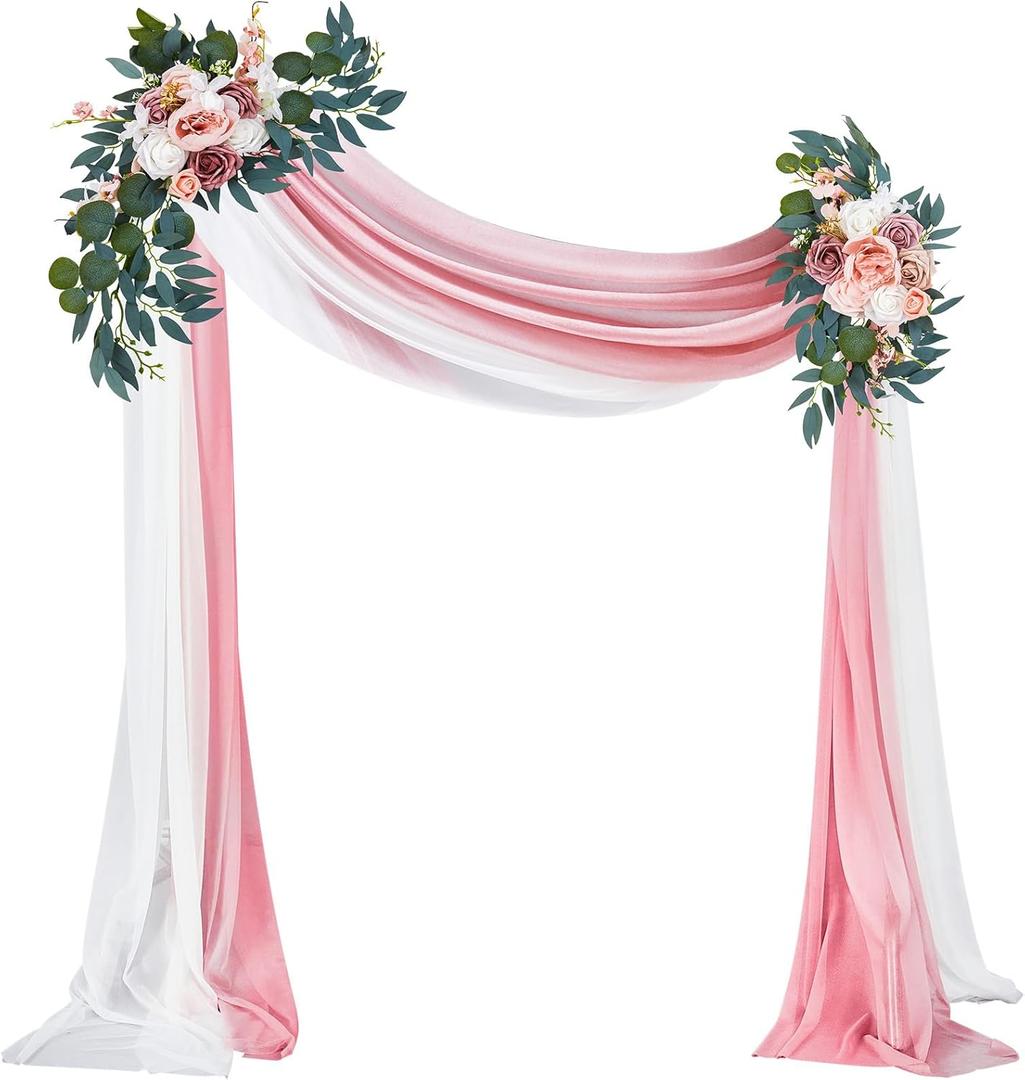 4 Pcs Wedding Arch Flowers and Drape Kit Include 2 Artificial Floral Swag and 2 Chiffon Drapes, Faux Flower Set for DIY Wedding Party Reception Ceremony Backdrop Rose Decoration (Pink)