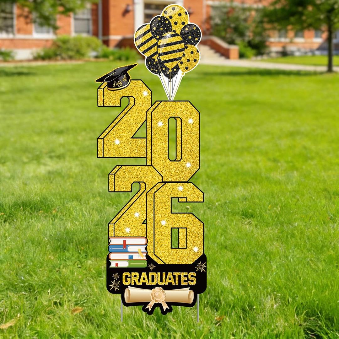 Graduation Yard Signs Class of 2026, Gold Graduation Decorations 2026, Congrats Grad Sign with Stakes, Grad Yard Signs 2026 for College High School Graduation Decorations