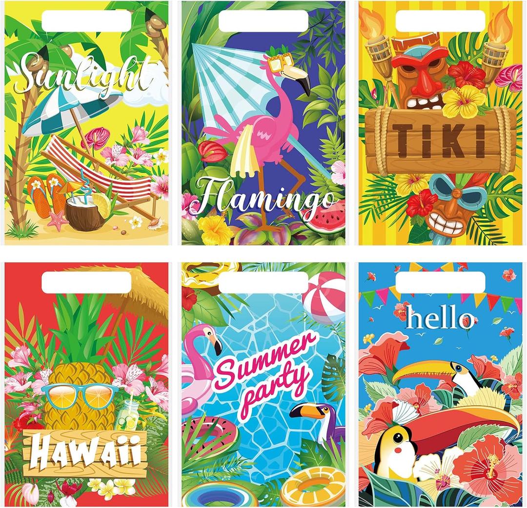 150 Pieces Luau Hawaiian Gift Bags for Kids Summer Tropical Party Favor Hawaiian Goodie Aloha Flamingo Plastic Treat Bags with Handles for Summer Goody Gift Party Supplies, 6 Styles