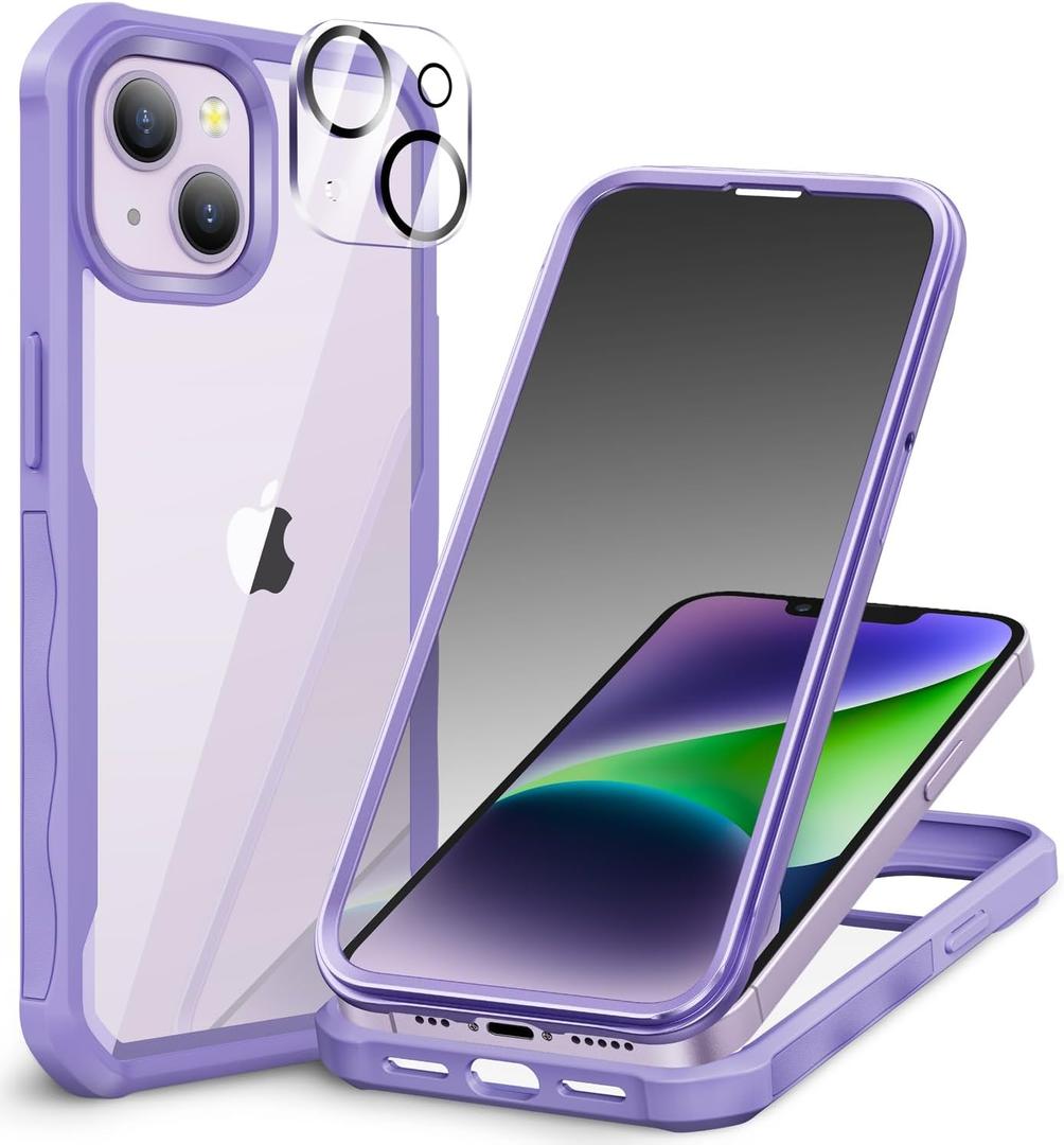 CENHUFO Privacy for iPhone 14 Case/iPhone 13 Case, Full Body Phone Case with Built-in 9H Tempered Glass Privacy Screen Protector and Camera Lens Protector, Shockproof Bumper Clear Cover - Purple