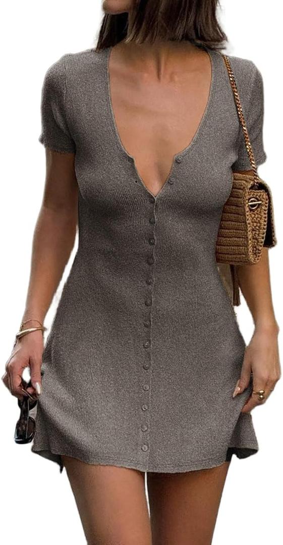 LOFAAC Women Sexy V Neck Button Down Knitted Short Dress Slim Fit Cap Sleeve Flowy Swing Going Out Mini Dress Summer, Medium