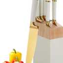 Gold White Kitchen Knife Set7Pcs Gold Titanium Coated Dishwasher Safe Knife Block Sets,Wooden Block with Built-In Sharpener,Chef Knife Set