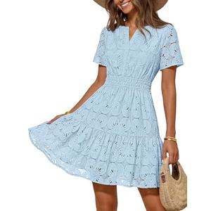 MEROKEETY Women's Summer Lace Boho Mini Dress 2026 Short Sleeve Floral Eyelet A Line Vacation Beach Short Sundress, Blue, Large
