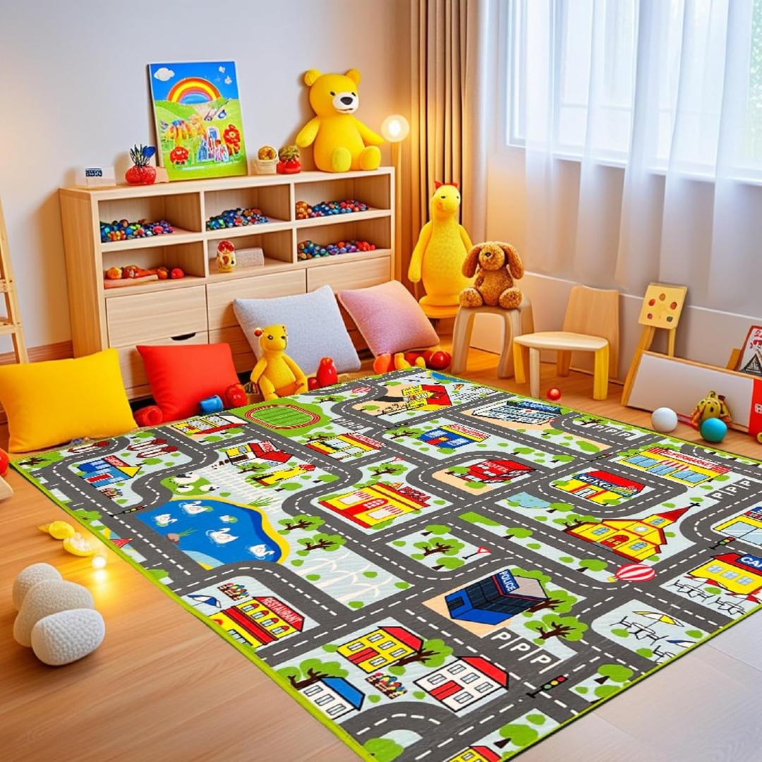 Car Rug Play Mat 2.6x5 Feet - Road Rug for Kids with Hospital & Hotel Design, Toy Car Carpet for Toddler City Play Mat Imaginative Playrooms & Family Game Time (1 Pack a)
