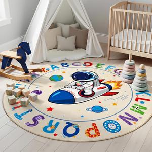 ABC Kids Alphabet Round Rug 6ft  Washable Soft Circle Nursery Rug, Non-Slip Educational Carpet with Space Astronaut Design for Classroom, Playroom & Kids Room Decor Blue