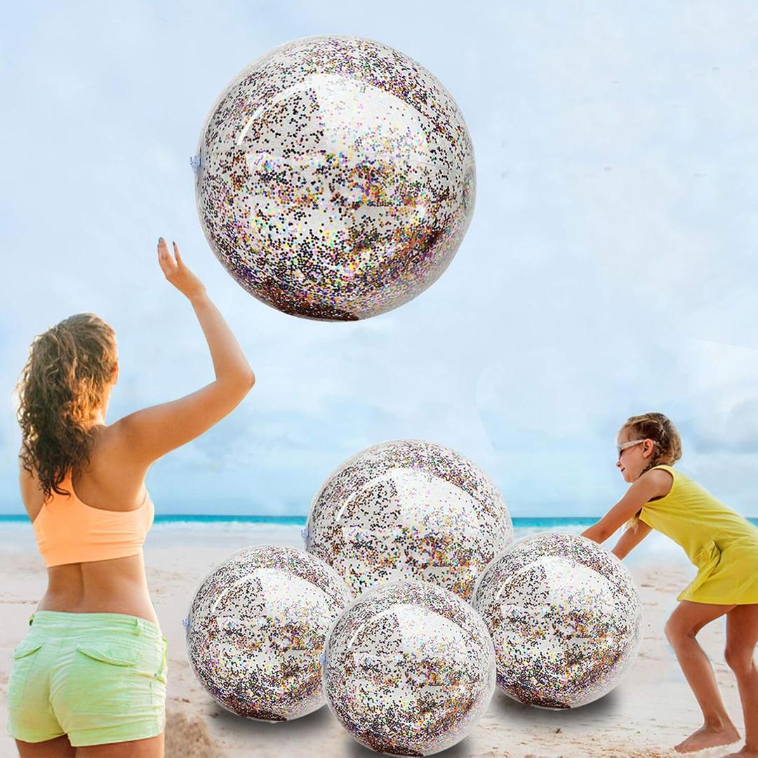 TURNMEON 5 Pack Sequins Beach Ball Jumbo Pool Toys Balls 16 Inch 24 Inch Giant Confetti Glitters Inflatable Clear Beach Ball Swimming Pool Water Beach Toys Outdoor Summer Party Favors for Kids Adults (2 pcs 24inch+3 pcs 16inch, A-Mixed color)