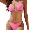 Women's Two Piece Bikini Sets Sexy Halter Ring Swimsuit Triangle String Cheeky Bathing Suit (Small, Carnation Pink)