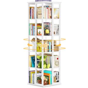 Aheaplus Rotating Bookshelf, Corner Bookcase, 360 Display Wood Spinning Bookshelves, Floor Standing Bookcases Narrow Shelf, 5 Tiers, White