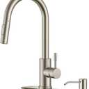 FORIOUS Brushed Nickel Kitchen Faucet with Soap Dispenser, High Arc Modern Sink Faucet with Pull Down Sprayer and Deck Plate, Stainless Steel Fit for 1 or 3 Hole for Pot Filler Bar Rv