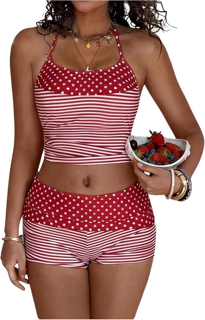 Verdusa Women's 2 Piece Polka Dots Striped Tankini Swimsuits Halter Tankini Tops with Boyshorts Set