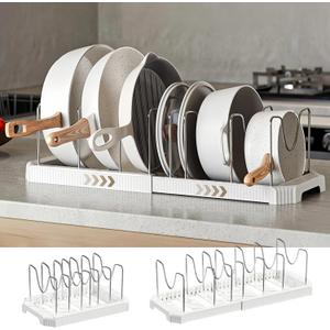 Expandable Pot and Pan Organizer Rack for Kitchen Cabinet or Under Sink, Adjustable Lid Holder with 7 Dividers, Space-Saving Storage for Renters, Small Homes, and Busy Cooks, White