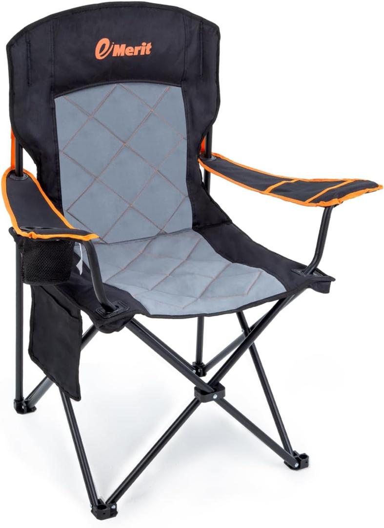 EMERIT Camping Chair, 350LB Heavy Duty Quad Fold Chair with Arms, Collapsible Outdoor Chairs with Lumbar Back & Cup HolderCollapsible for Tailgating, Beach, Fishing