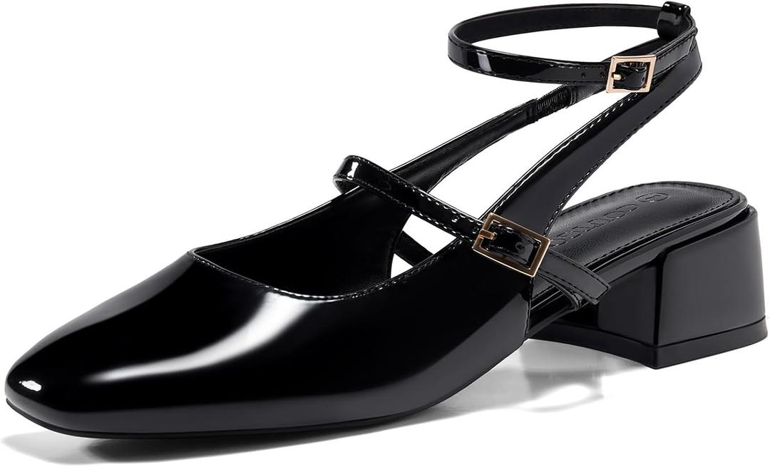 Coutgo Womens Mary Jane Chunky Low Heels Closed Square Toe Ankle Strap Pumps Wedding Party Dress Shoes (9, Black)