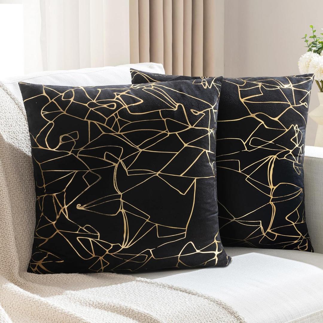 JELLYMONI Sparkling Decorative Pillow Covers Set of 2, 16 x 16 inch Glitter Decorative Cushion Covers for Couch, Sofa, Bed - Luxuriously and Sparkling Metallic Design (Gold Black)