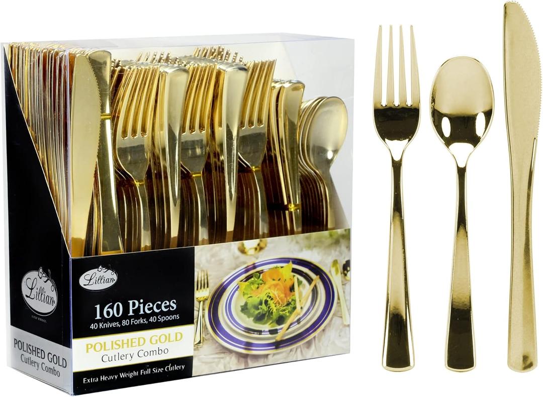 Gold Plastic Silverware Set, 160 Count, Extra Heavy Duty Flatware, Disposable Cutlery Utensils, 80 Forks, 40 Spoons, 40 Knives, Polished Gold, Bulk Pack