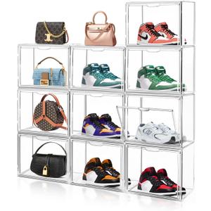 10Pack Purse Organizer for Closet,Sneaker Storage Box Clear Acrylic Display Case for Handbag Storage Organizer, Plastic Handbag Containers With Magnetic Lid Box for Collectibles,Shoes,Boots,Book
