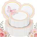 WDF 100PCS Pink Plastic Plates - Heavy Duty Pink and Gold Disposable Plates - Include 50 Dinner Plate 10" and 50 Cake Plastic Plate 7" for Baby Shower/Wedding/Spring/Bridal Shower/Tea Party/Mother's Day, 
