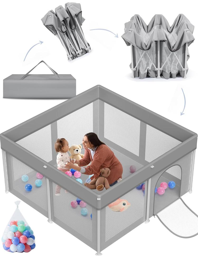 Foldable Baby Playpen 50"x50", Playard for Babies and Toddlers, Portable Safety Baby Fence Lightweight,No Installation, Indoor & Outdoor Playpen with Ocean Balls*50, Grey