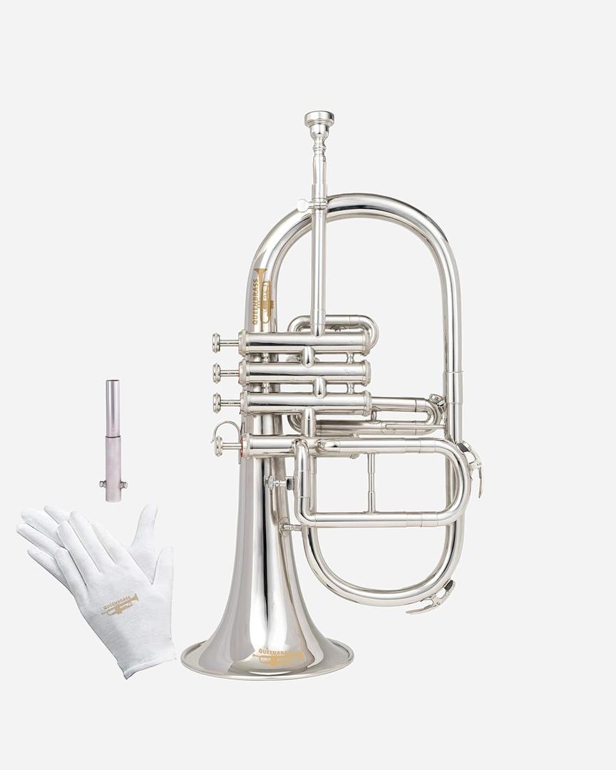 Queen Brass F-25 Flugel Horn Bb Pitch with Carrying Hardcase & Mouthpiece, Flugelhorn Harmon Mute 4 Valve in Nickel Finish, Perfect Gifting Option for Birthdays, Thanksgiving, Christmas (Silver)