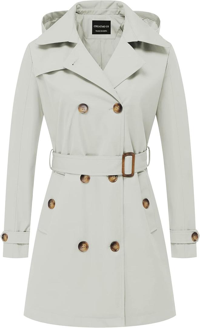 CREATMO US Women's Trench Coat Double-Breasted Classic Lapel Overcoat Belted Slim Outerwear Coat with Detachable Hood (Off-white)