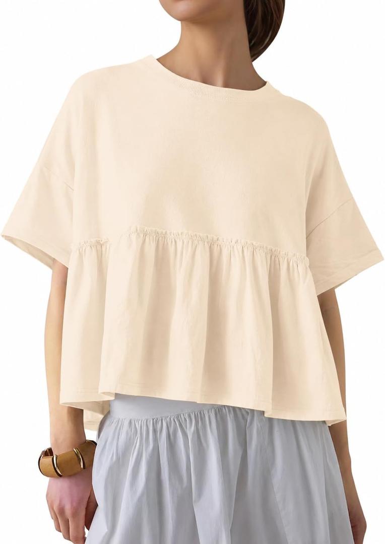 Ziesexy Oversized Babydoll Tops for Women Casual Short Sleeve Crewneck Peplum Shirt Loose Fit Summer T Shirts Yellow (L)