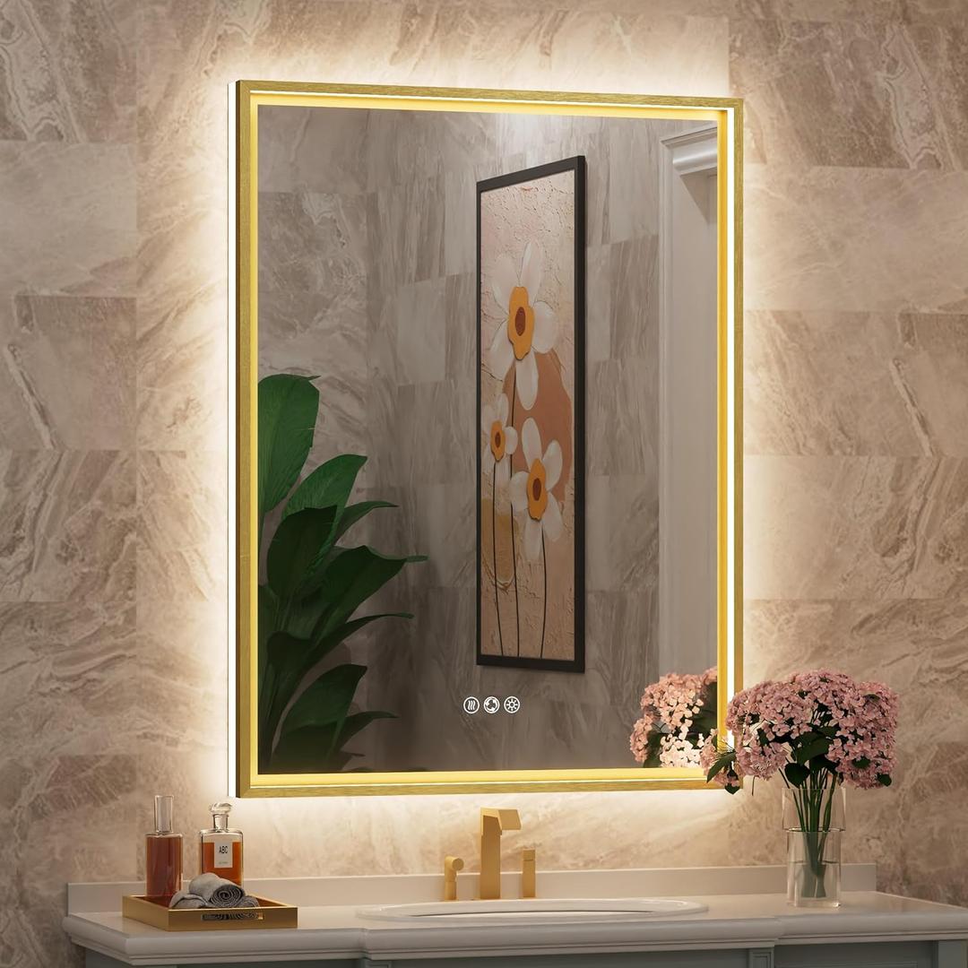 24x32 Inch Gold LED Bathroom Mirror with Front & Back Lights, Adjustable 3000K/4500K/6000K, Wall Mounted Framed Lighted Bathroom Vanity Mirror, Dimmable, Anti-Fog, Horizontal / Vertical