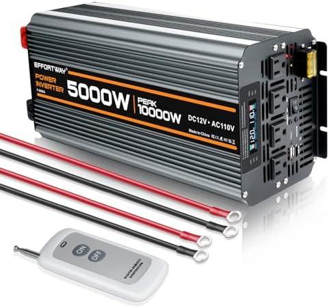 5000 watt Power Inverter DC 12V to AC 110V/120V Converter,10000w Peak.Comes with LCD Display,Wireless Controller, 4AC outlets,1USB.RV Inverter,Suitable for Camping,and Off-Grid Solar Inverter Systems