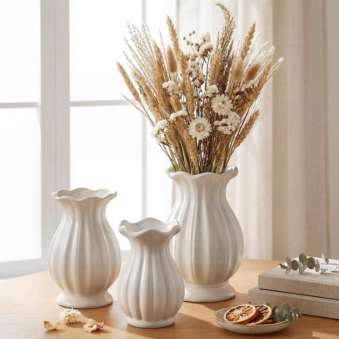 White Ceramic Vase Set of 3 Small Rustic Decorative Vases Home Decor Wavy Edge Modern Flower Vases for Farmhouse Table Centerpiece Shelf Living Room Kitchen Bedroom Bookshelf Decorations